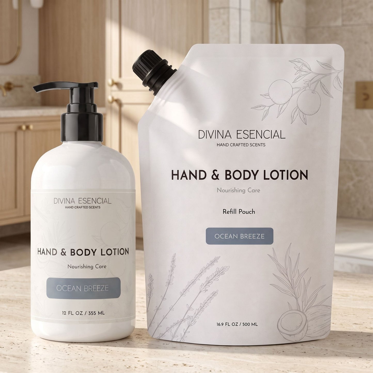 A bottle and refill pouch of Divina Escriptal Ocean Breeze Hand & Body Lotion displayed on a kitchen countertop with a blurred kitchen background.