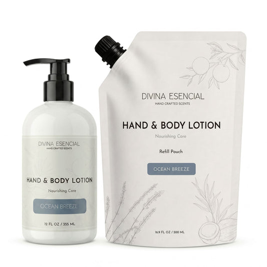 Divina Esgencial Ocean Breeze Hand & Body Lotion shown as a 12 fl oz pump bottle next to its 16.9 fl oz refill pouch packaging on a white background.