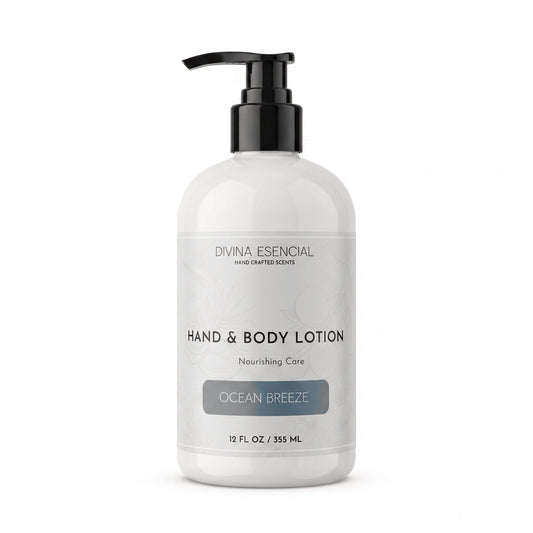 A 12 fl. oz. pump bottle of Divina Esencial Hand & Body Lotion in the Ocean Breeze scent, shown on a clean white background.
