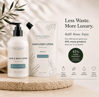 Two Divna Essential hand and body lotion products displayed on a stone slab: a 12 oz pump bottle labeled Sea Salt & Coconut and a larger refill pouch also labeled Sea Salt & Coconut. Text on the right reads 'Less Waste.