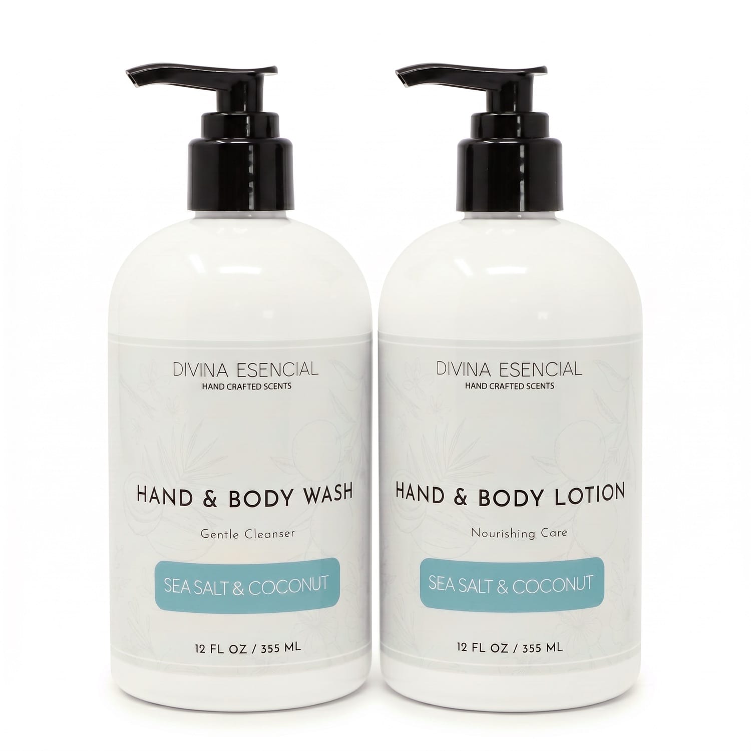 Divina Esencial Sea Salt And Coconut Hand & Body Care Set - Hand & Body Wash and Lotion bottles on white background