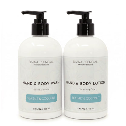 Divina Esencial Sea Salt And Coconut Hand & Body Care Set - Hand & Body Wash and Lotion bottles on white background