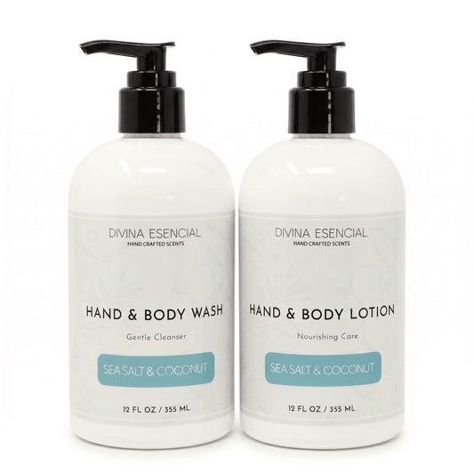 Divina Esencial Sea Salt And Coconut Hand & Body Care Set - Hand & Body Wash and Lotion bottles on white background