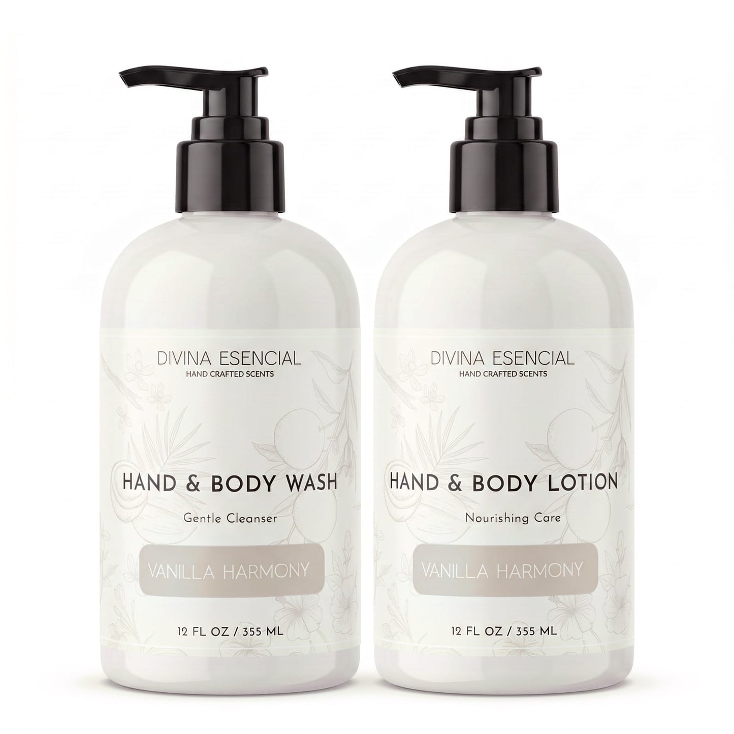 Divina Esencial Vanilla Harmony Hand & Body Care Set - Hand & Body Wash and Lotion bottles on white background