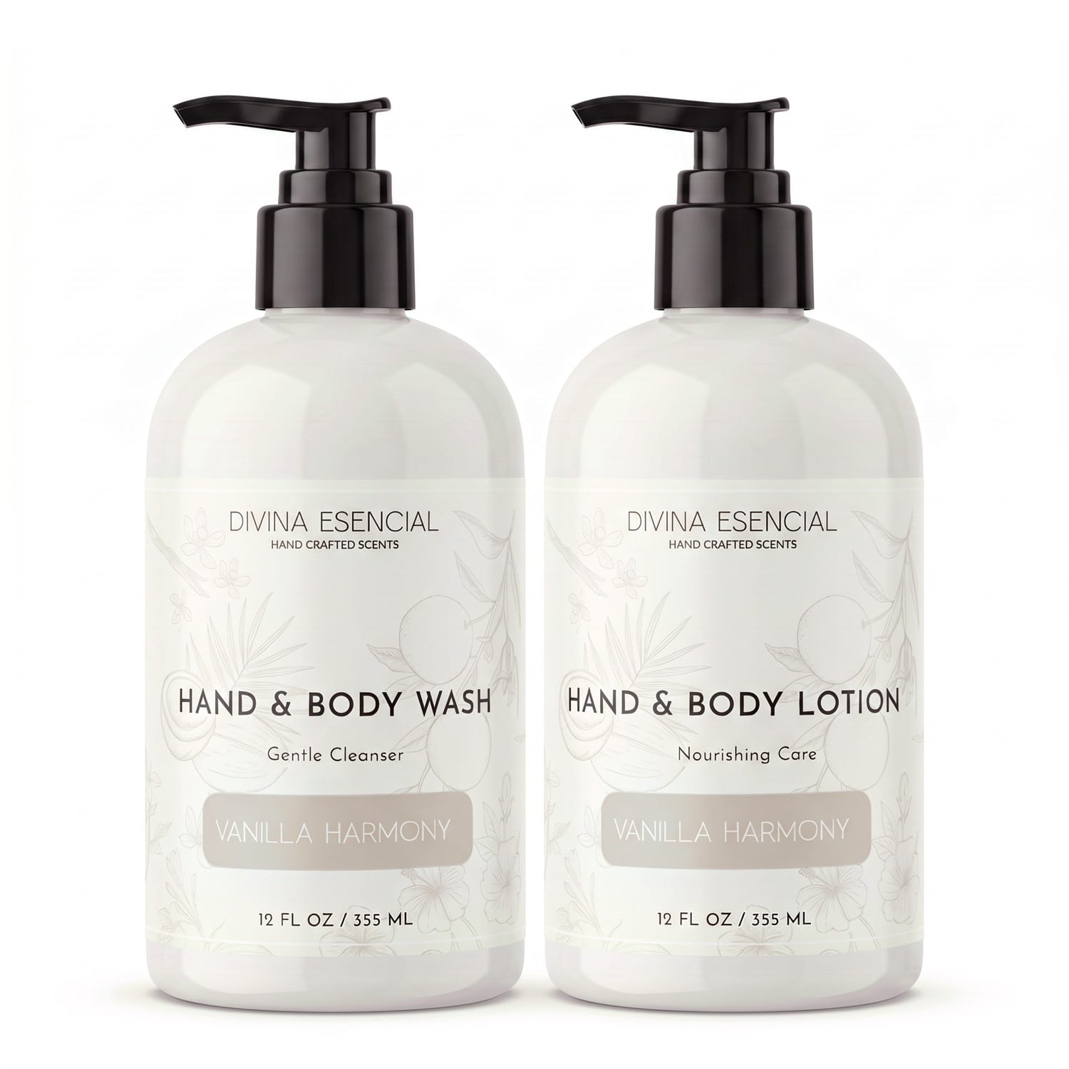 Divina Esencial Vanilla Harmony Hand & Body Care Set - Hand & Body Wash and Lotion bottles on white background