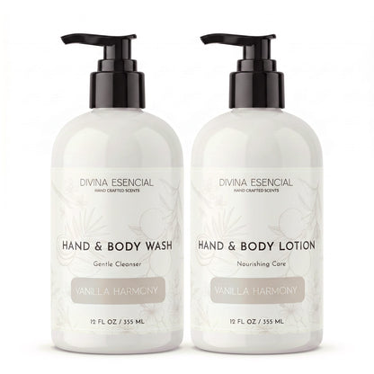 Divina Esencial Vanilla Harmony Hand & Body Care Set - Hand & Body Wash and Lotion bottles on white background