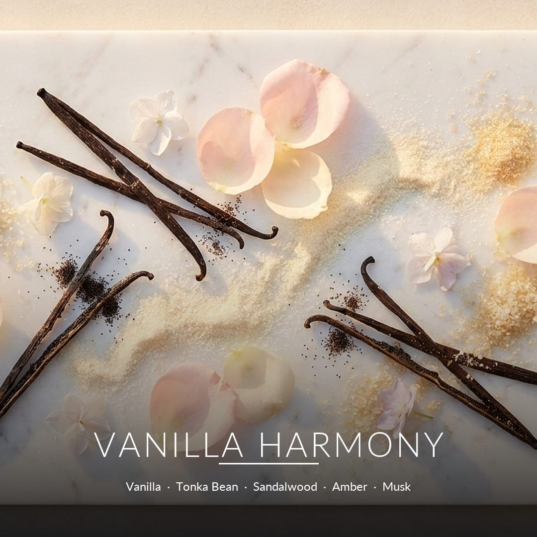 Vanilla Harmony scent notes - fragrance ingredients flat lay