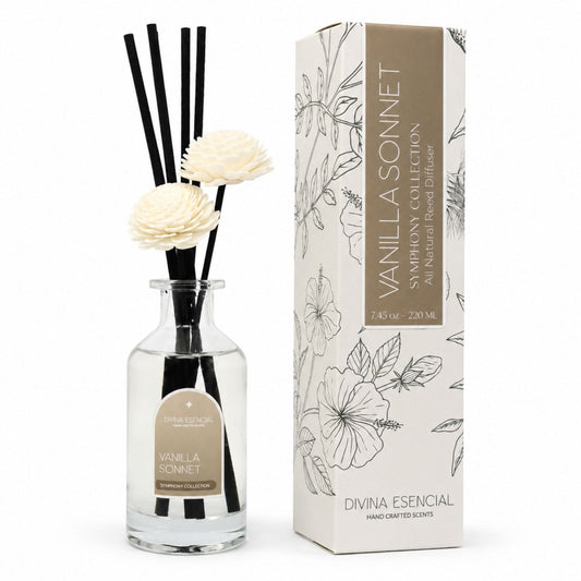 Vanilla Sonnet diffuser set with bottle and packaging on a white background