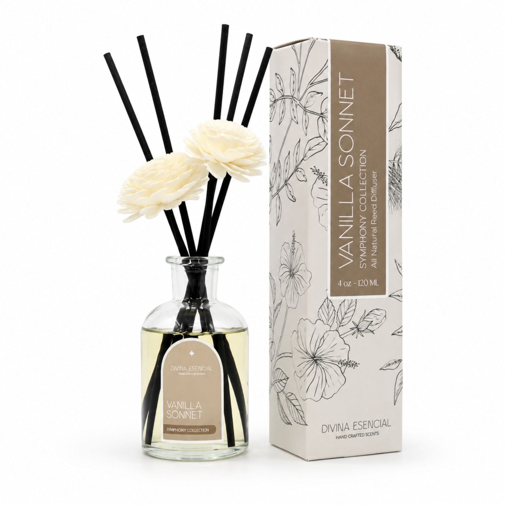 Vanilla Sonnet diffuser bottle with flowers and packaging on a white background