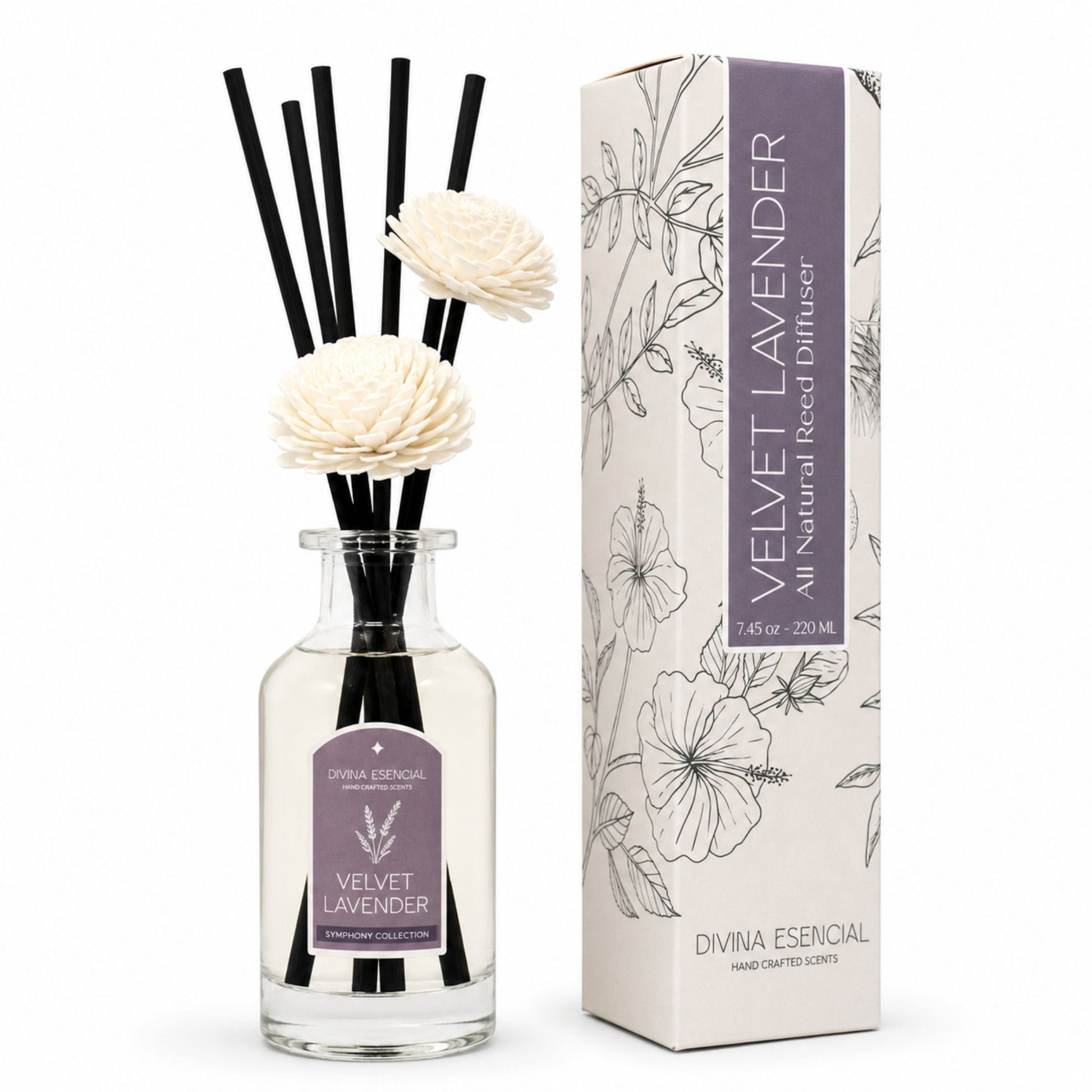 Velvet Lavender diffuser with floral design and packaging on a white background