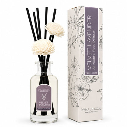 Velvet Lavender diffuser with floral design and packaging on a white background