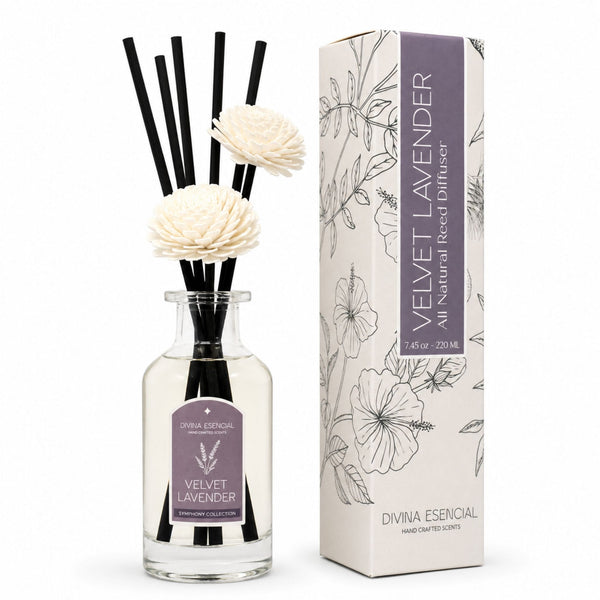 Velvet Lavender diffuser with floral design and packaging on a white background