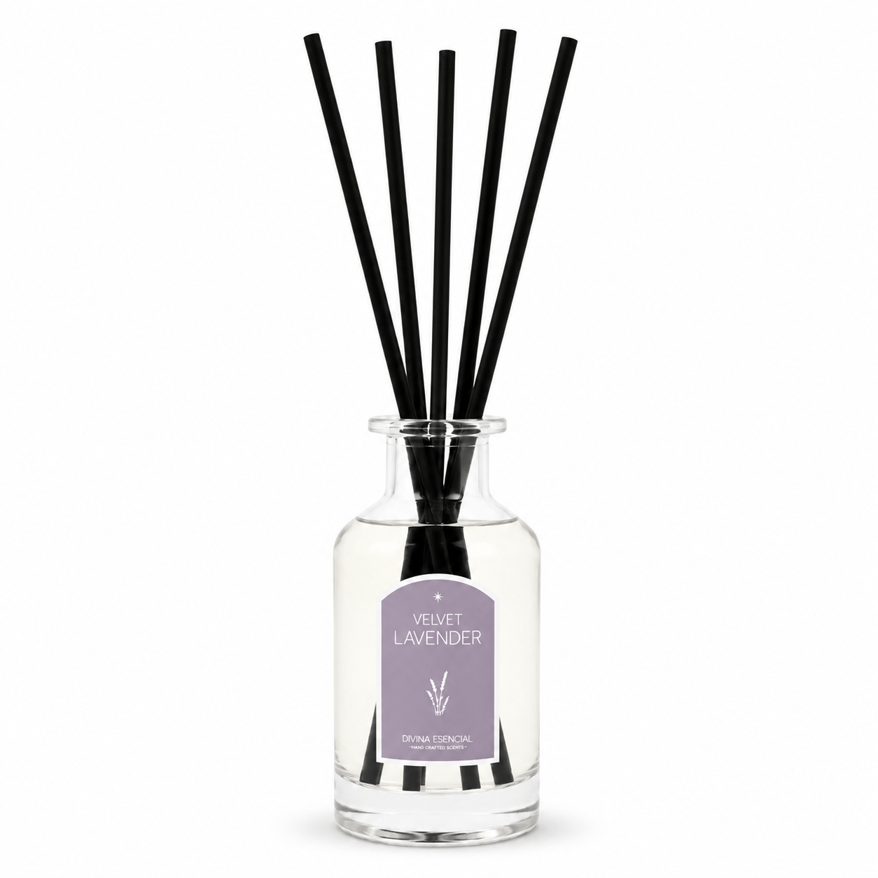 Diffuser bottle with black reeds and a purple label on a white background