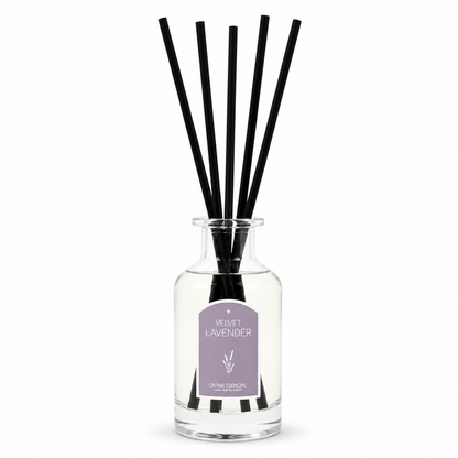 Diffuser bottle with black reeds and a purple label on a white background