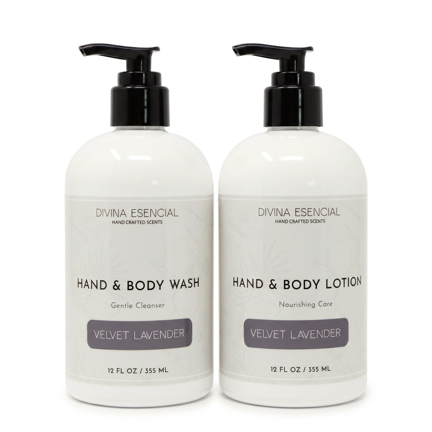 Divina Esencial Velvet Lavender Hand & Body Care Set - Hand & Body Wash and Lotion bottles on white background