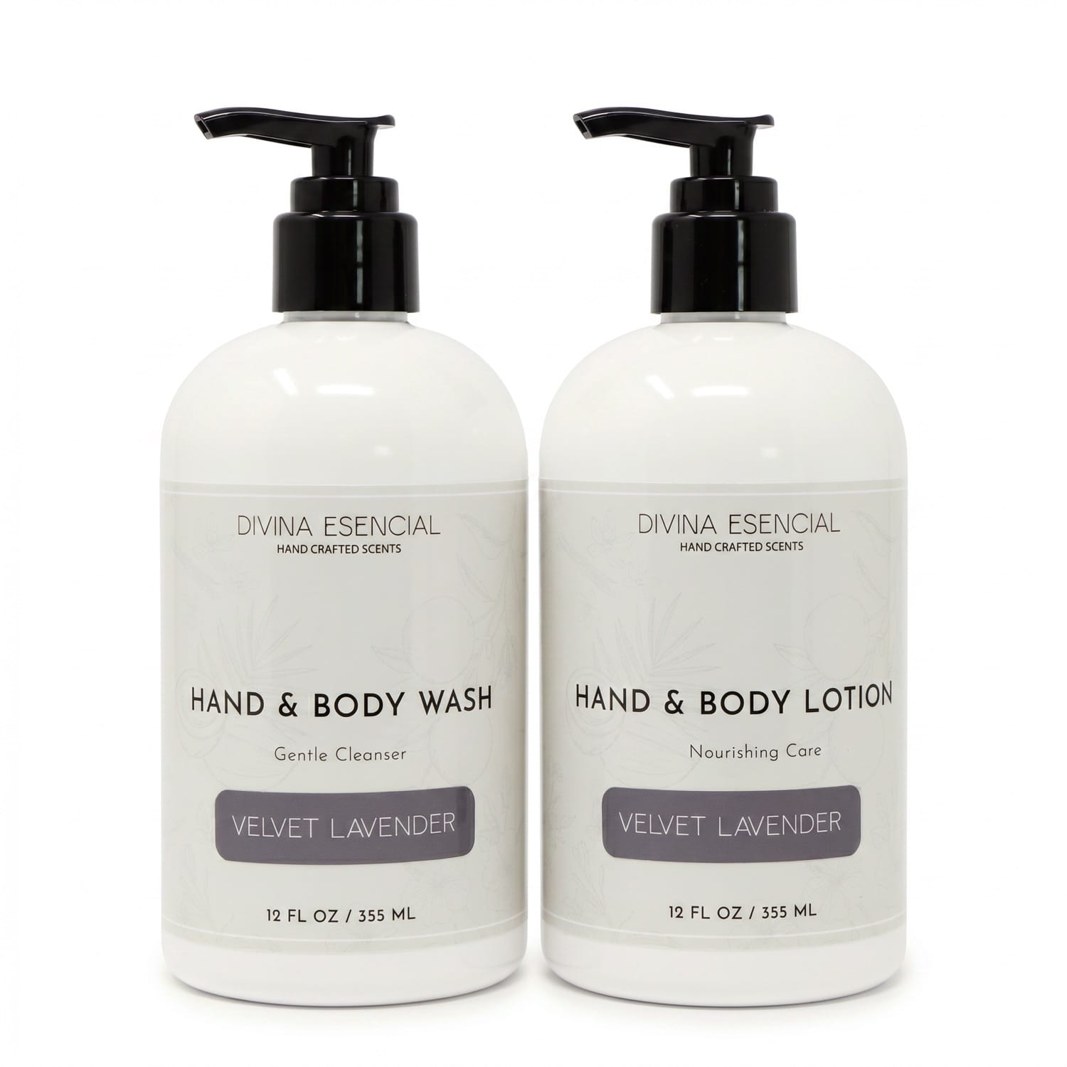 Divina Esencial Velvet Lavender Hand & Body Care Set - Hand & Body Wash and Lotion bottles on white background