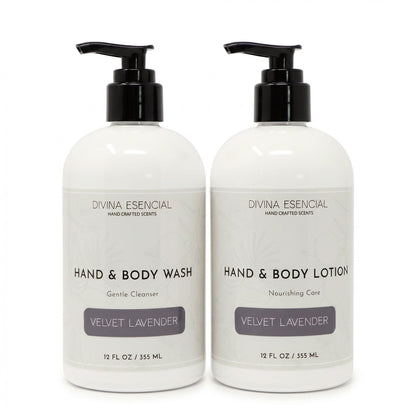 Divina Esencial Velvet Lavender Hand & Body Care Set - Hand & Body Wash and Lotion bottles on white background
