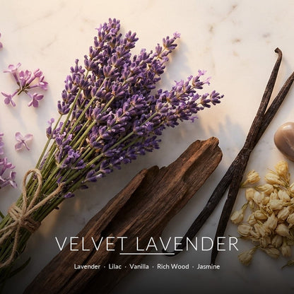 Velvet Lavender scent notes - fragrance ingredients flat lay